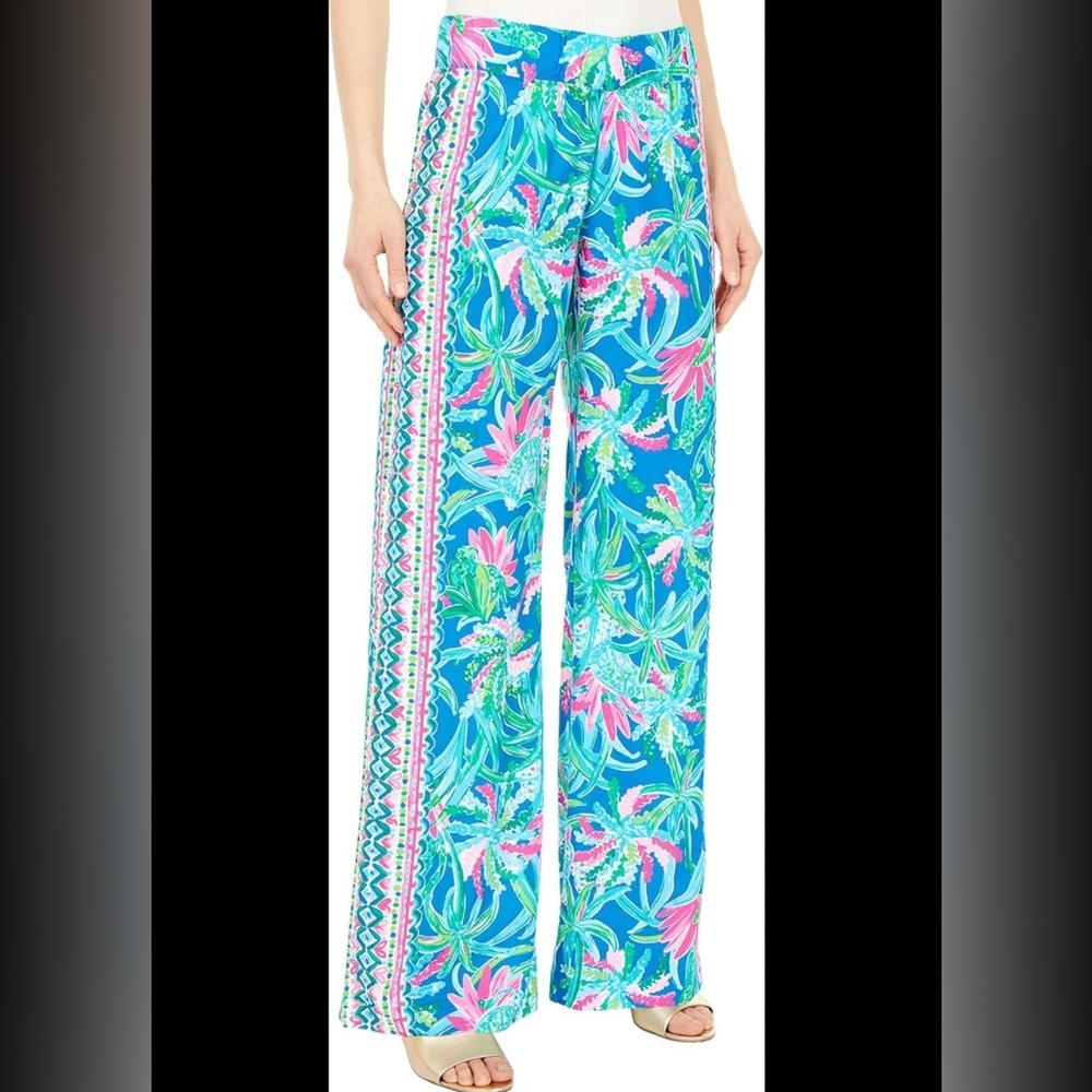 Lilly Pulitzer Blue Tropical Floral Wide-Leg Pants